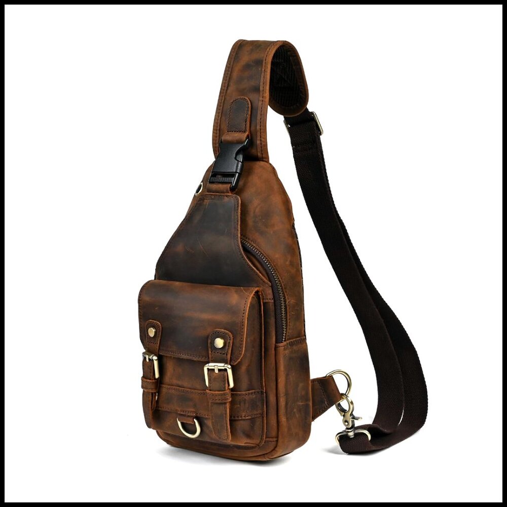 Genuine Leather Hiking Daypack Crossbody Chest Bag Travel Outdoor